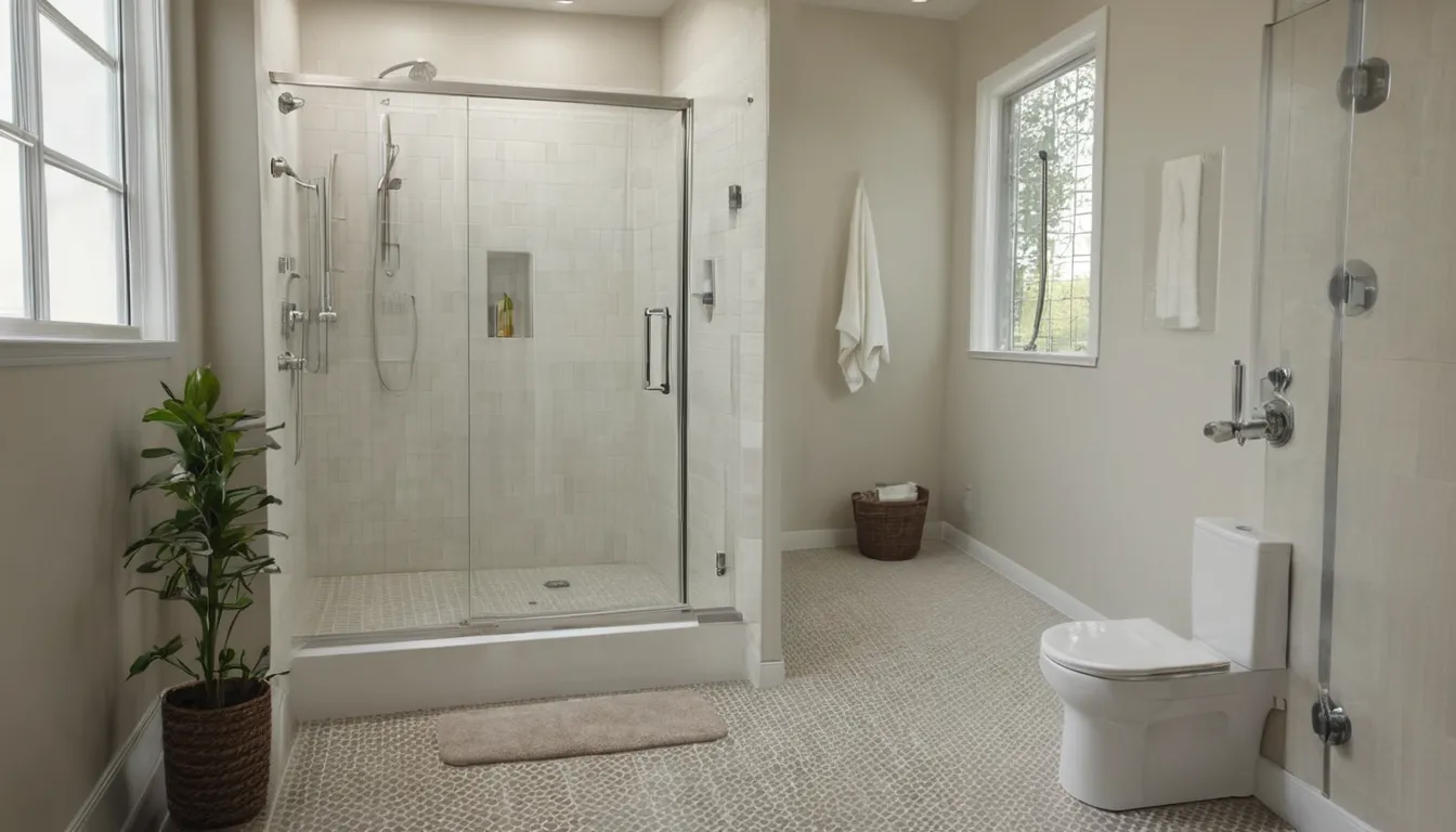 Low-threshold walk-in shower with a bench and grab bars in a bright Elyria home bathroom
